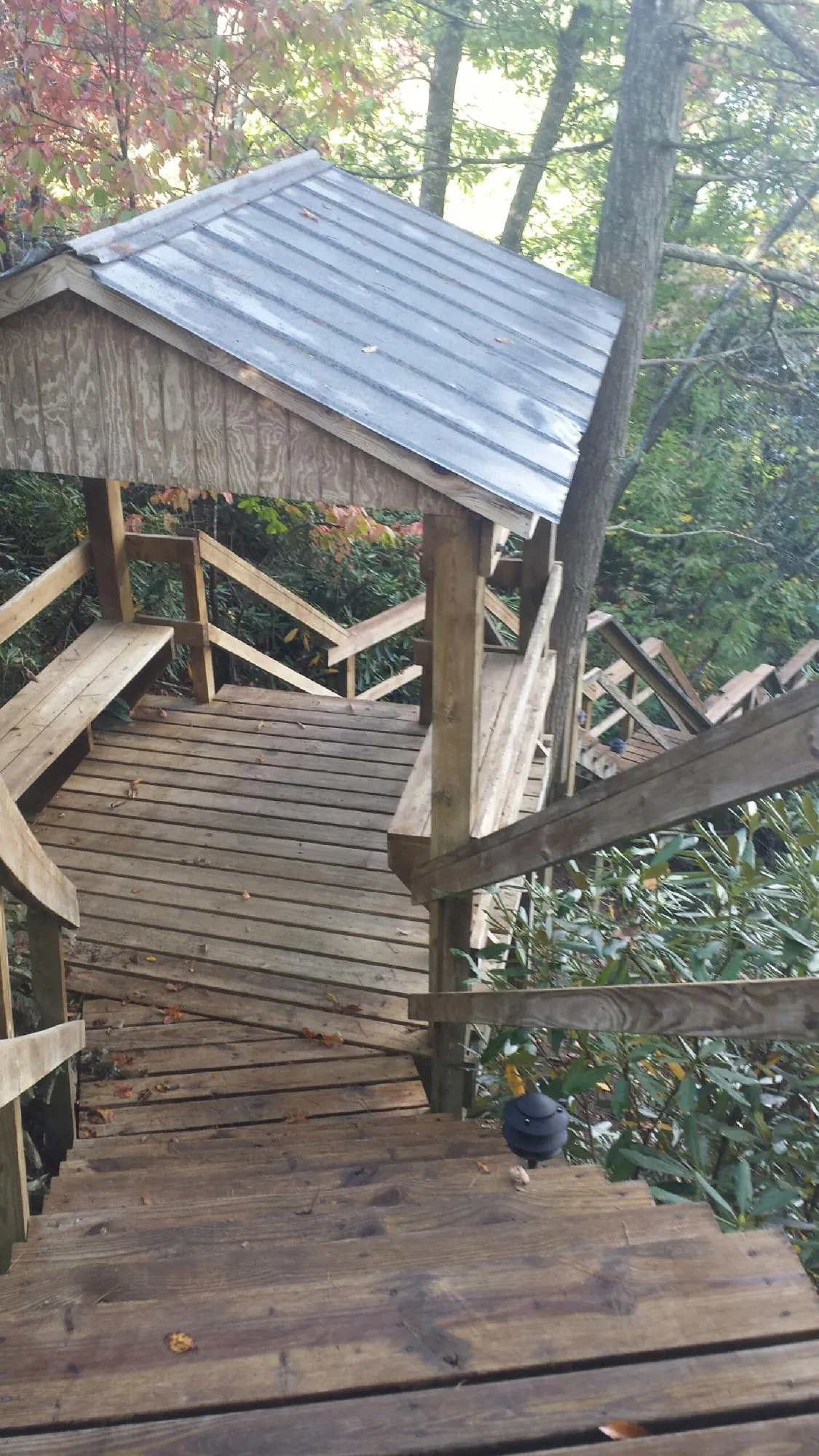 Metal roofed shelter over wooden steps on a wooded walkway — Skylight Repair & Installation work by our crew in Walthall